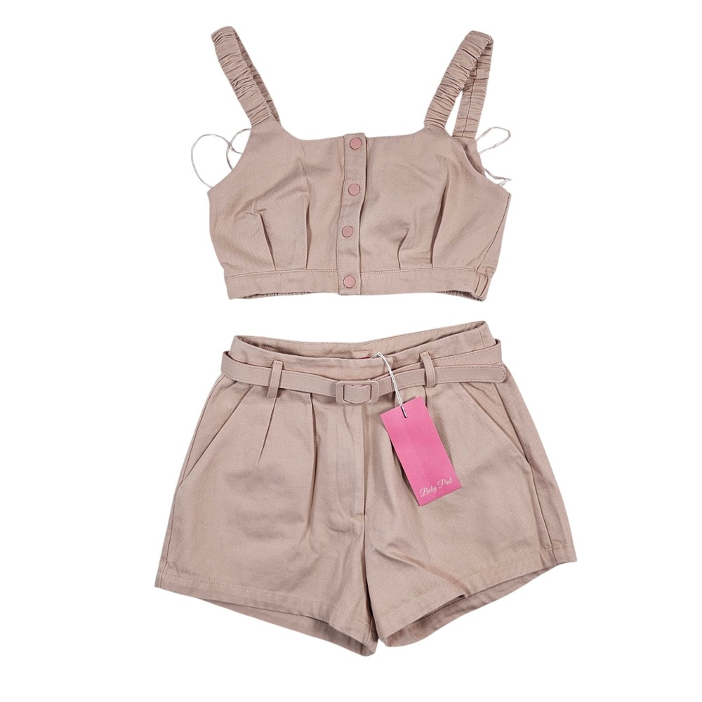 Baby Pink Two Piece Set Crop Top High Waisted Shorts Tan Beige Small NWT
